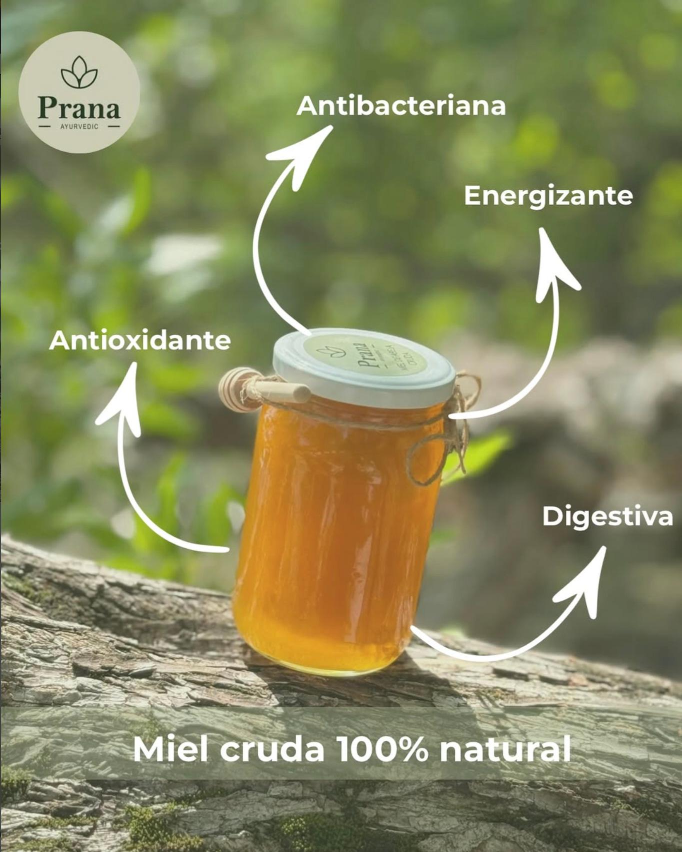 Frasco de Golden Honey de Prana, con etiquetas de "Antibacteriana", "Energizante", "Digestiva" y "Antioxidante"